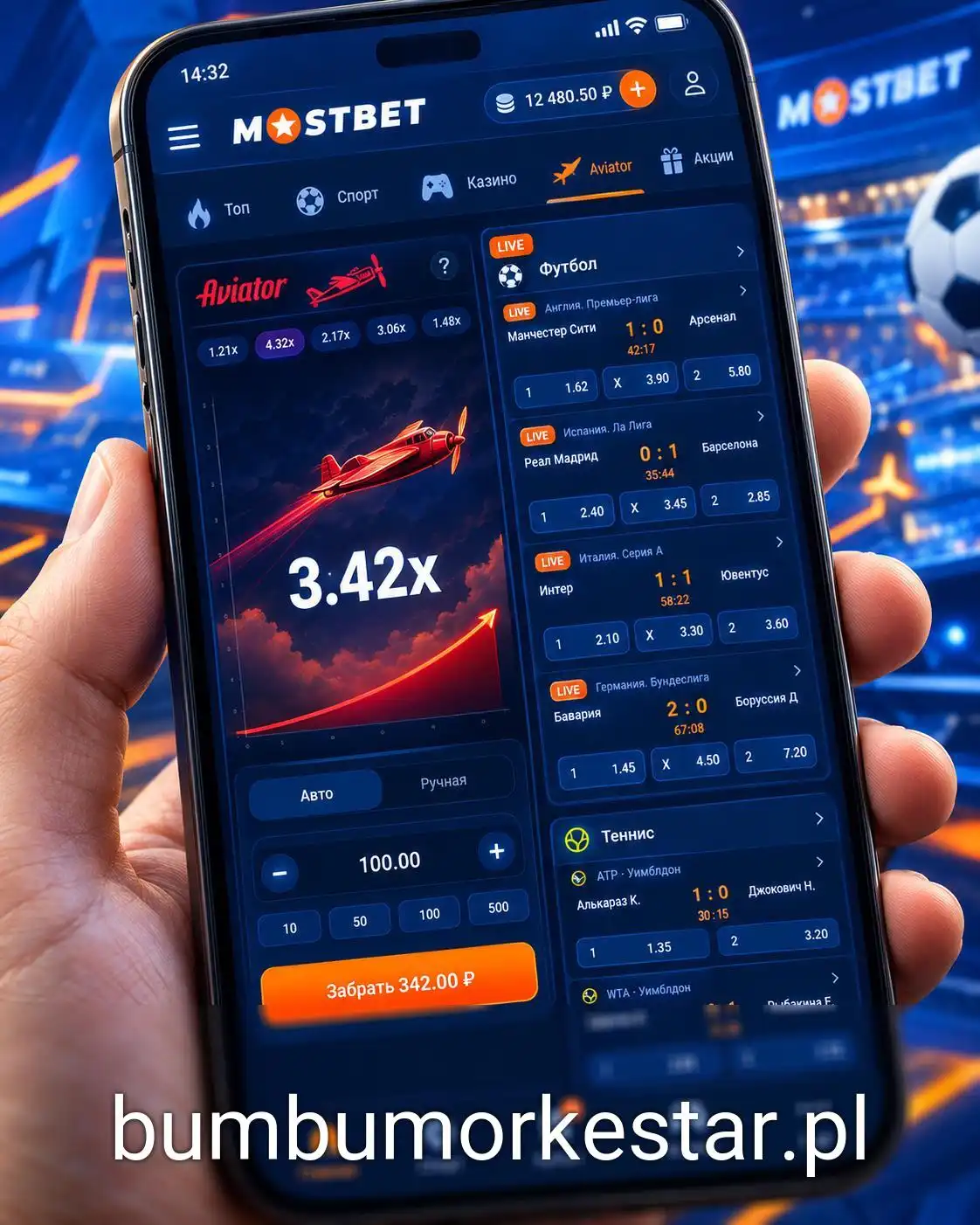 Ekran aplikacji Mostbet z grą Aviator i zakładami na żywo